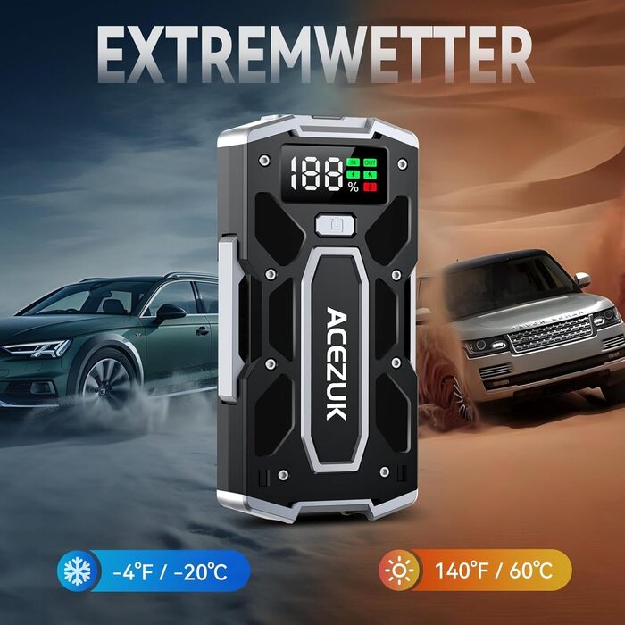 Портативний зарядний пристрій Starthilfe Powerbank 6000A для автомобіля: 7.0л бензин, 5.5л дизель, LED ліхтарик, великий екран (Чорний)