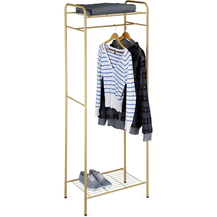 Relaxdays Clothes Rack with Shelf SANDRA, Metal, Coat Stand, with Clothes Rail, Shoe Storage also for Boots, HBT: 166 x 60.5 x 38 cm, honey-brown, Honey Brown