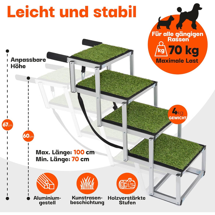 Сходинки для собак у машину, дім, на вулицю, складні - з штучним газоном, до 70 кг, 67 см