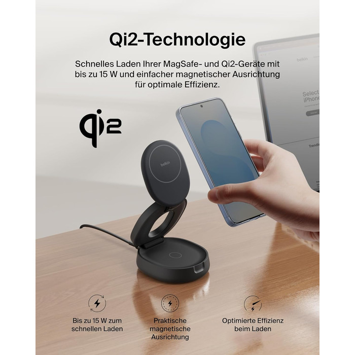 Бездротова зарядна станція 2-в-1 Belkin BoostCharge Qi2 15W MagSafe для iPhone 17, AirPods, Pixel, з блоком живлення 30W, чорна