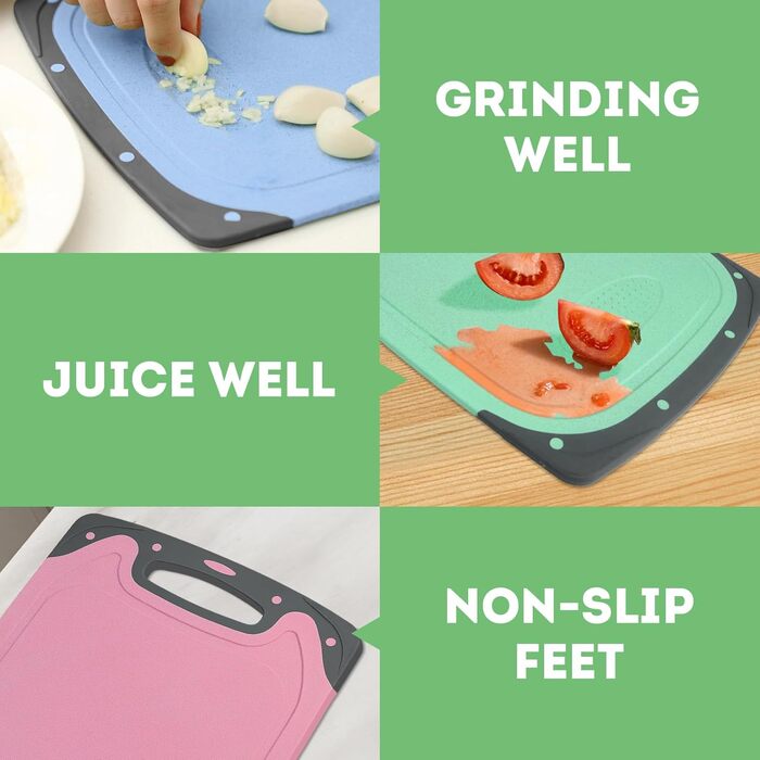 Набір з 3 дерев'яних обробних дощок з пластику, великі, кухонні, з антибактеріальним покриттям, з жолобом для соку та пресом для часнику, червоного, жовтого, зеленого кольорів