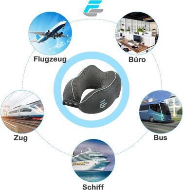 Подушка для шиї FS для літака та авто – Memory Foam з 360° підтримкою шиї – Регульована з кнопками – Дихаючий, м'який чохол – з мішечком – Сіра