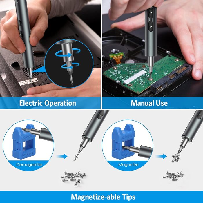 Ankilo Міні-електрошуруповерт 28-в-1: прецизійний набір викруток з LED-підсвічуванням для телефонів, годинників, ноутбуків (сірий)