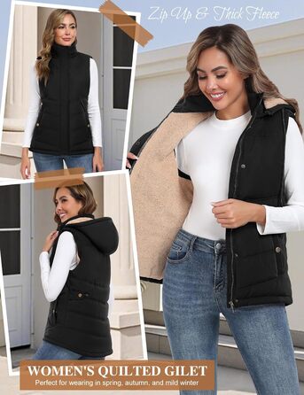 Жіноча жилетка Tuopuda з капюшоном, стеганий фліс, утеплена флісом, тепла зимова куртка без рукавів, термо жилетка, комір-стійка, жилетка з капюшоном, блискавка, осінь/зима, чорний колір, розмір L