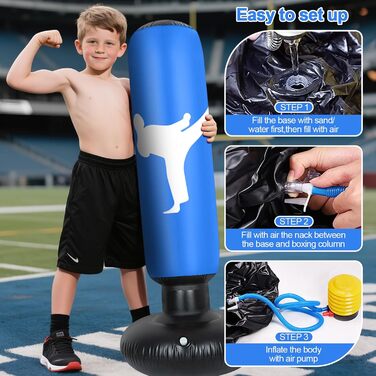 Дитячий боксерський мішок 160 см з рукавичками та насосом, надувний, для занять карате та тхеквондо, ідеальний подарунок для дітей від 6 років (Блакитний)