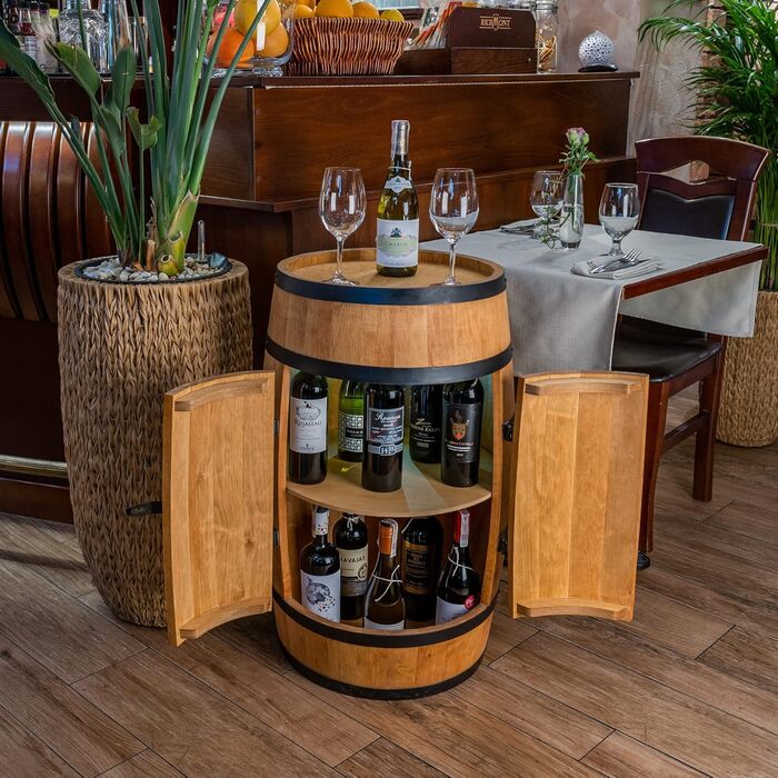 Wine Barrel Stand with Door - Alcohol Cabinet, Bottle Shelf, Wooden Shelves - Wine Barrel - Barrel Furniture - Wine Rack - Wine Rack - Wine Bar - Barrel Bar with Door - Barrel Bar Minibar 80cm High (Oak)