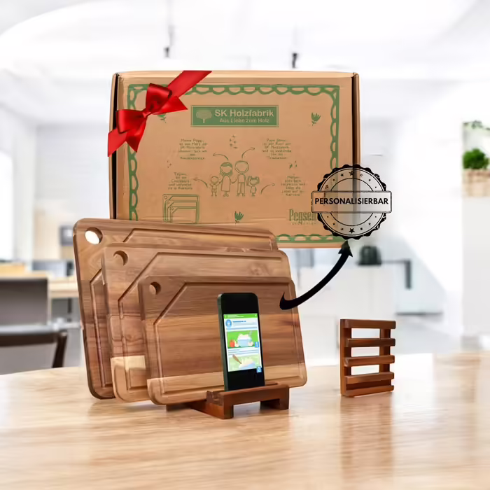 Personalized Premium 3-Piece Cutting Board Set - Kitchen Cutting Boards made of Acacia Wood with Stand and Phone Holder - High-Quality Wooden Board with Juice Groove for the Kitchen