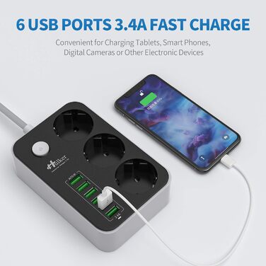 Багаторозкладна мережева панель HULKER з 3 розетками та 6 USB-портами, захист від перенапруги, 1.6 м, універсальна