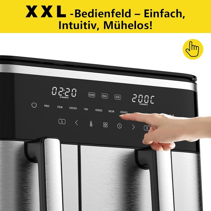Фритюрниця повітряна подвійна 11л Airfryer, XXL фритюрниця з 2 кошиками, 7л/4л, для основного та гарніру одночасно, 2600W, 10 програм, сенсорний екран, нагадування про струшування