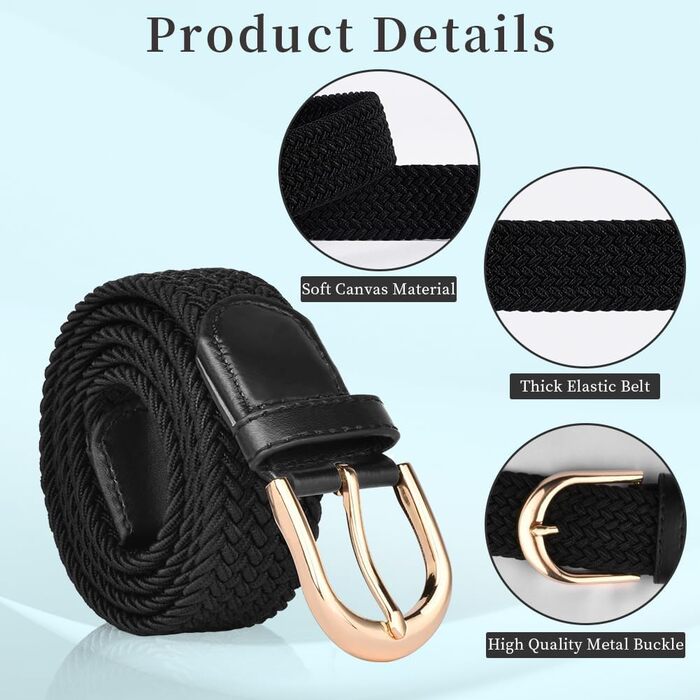 Жіночий та чоловічий тканинний ремінь Flintronic з еластичною плетенкою, ширина 3.3 см, довжина 107 см (для обхвату талії 76-115 см), колір: чорний + золото