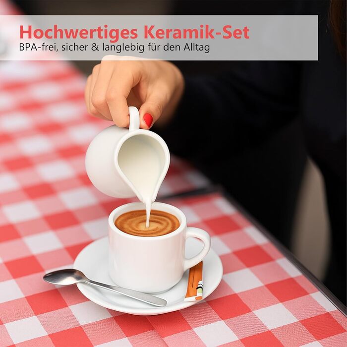 Набір для молока та цукру з кришкою та ложкою: глечик для молока з кераміки та цукорниця з дерев'яним підносом, придатний для миття в посудомийній машині та використання в мікрохвильовій печі (білий)