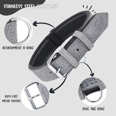 Riparo Genuine Leather Adjustable Dog Collar with Additional Reinforcement (: 4.5CM Wide for 53.4CM - 63.5CM Neck, ) (XL, Grey/White Thread)