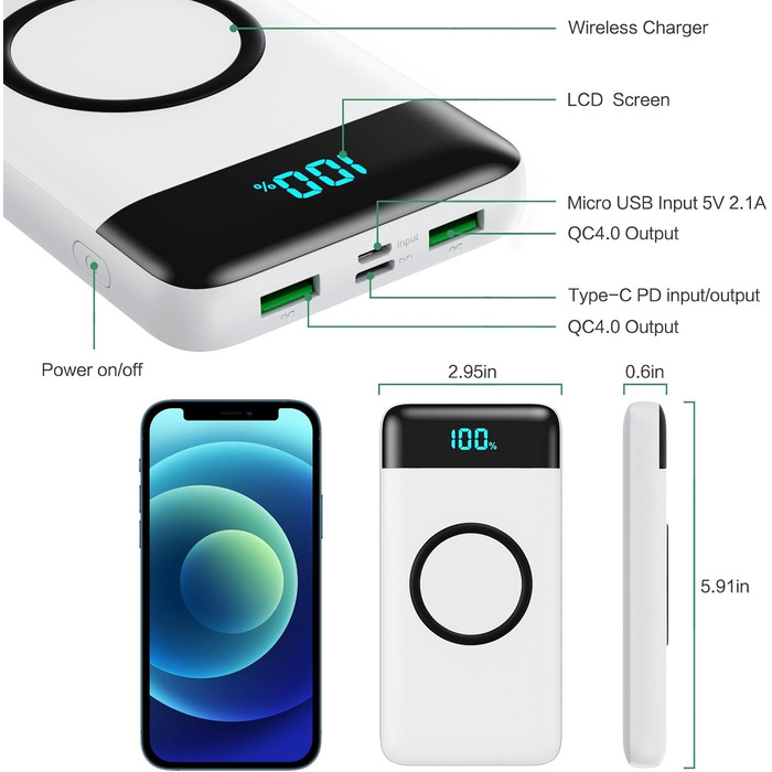 Бездротовий Power Bank 26800mAh 25W PD 3.0 + QC 4.0, зовнішній акумулятор з LCD-дисплеєм та підтримкою швидкої зарядки 15W, 4 USB виходи для iPhone, Samsung, Huawei, Oppo — Білий, Слім