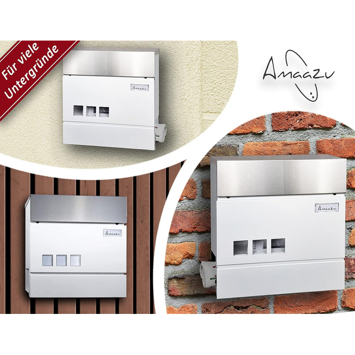 Поштовий ящик з нержавіючої сталі з оглядовим вікном та табличкою для імені, з відділенням для газет, замком (2 ключі), настінний, RAL 7016 (сірий), великий (XXL), білий