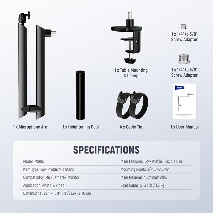 NEEWER Тримач для мікрофона MS007 – регульований кріплення на стіл з демпфером, 360° обертання, для подкастів, ігор, стрімінгу та дзвінків