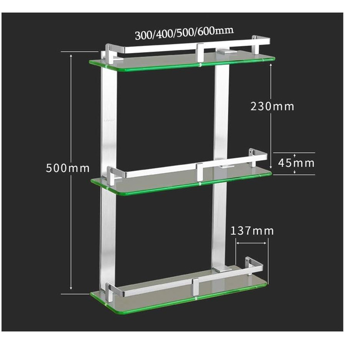 Modern Bathroom Shelf Made of Tempered Glass with 3 Tiers, Wall Mount, Storage Shelf for Bathroom and Kitchen (60 cm)