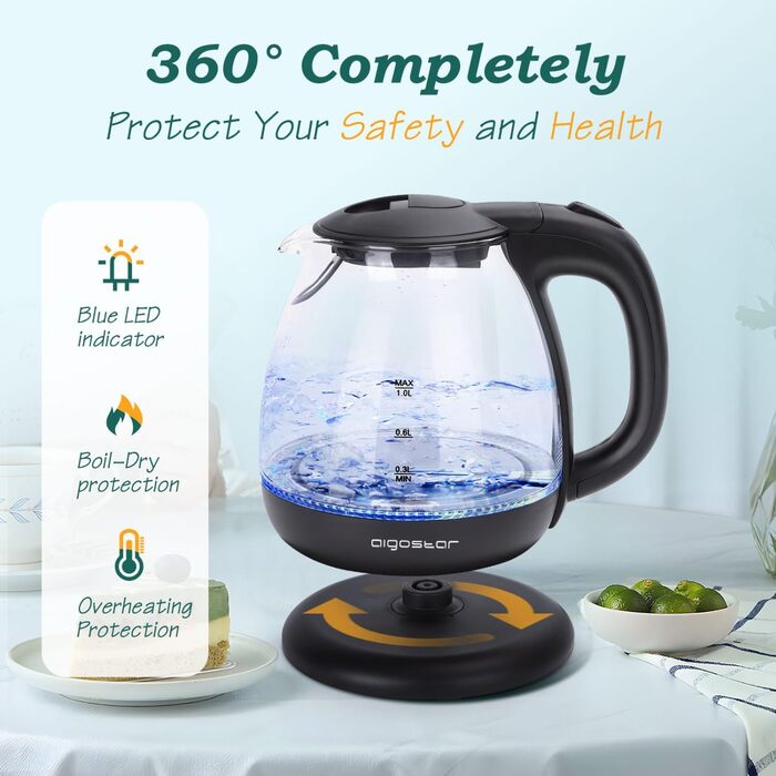 Електричний чайник Aigostar Elfin 1 л, 2200W, з LED-підсвічуванням, з боросилікатного скла, міні-чайник для дому, офісу, гуртожитку, BPA Free, чорний