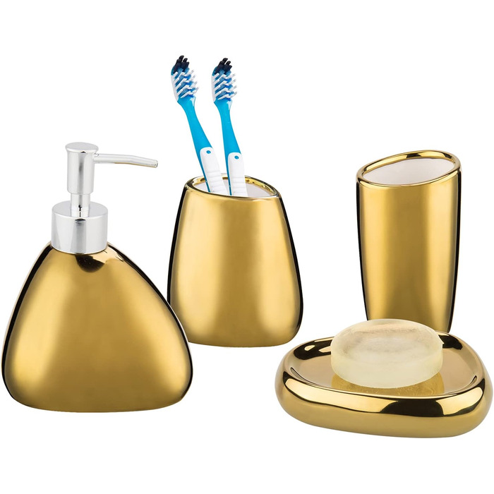 Набір аксесуарів для ванної кімнати MyGift (4 шт) з кераміки: дозатор мила, попільничка, тримач для зубних щіток, мильниця, золото