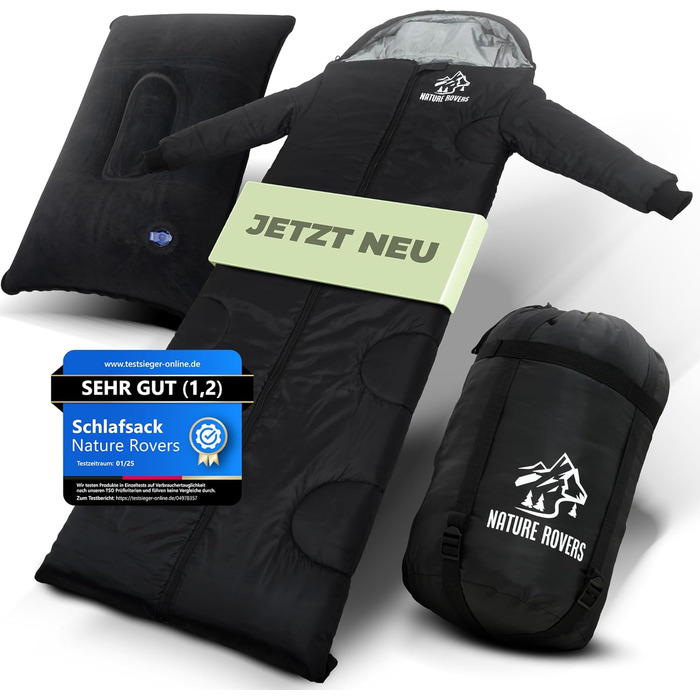 Спальний мішок з рукавами Nature Rovers, чорний, для дорослих, 3 сезони, водонепроникний, з подушкою, 220x80 см