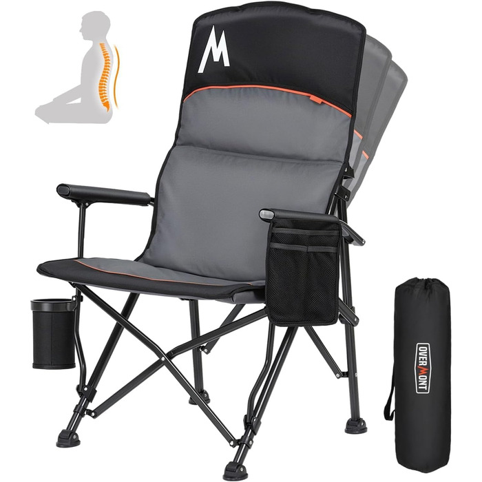 Кемпінговий стілець OVERMONT з високою спинкою, складний, з підголівником - до 226 кг - для пікніка, походу, саду