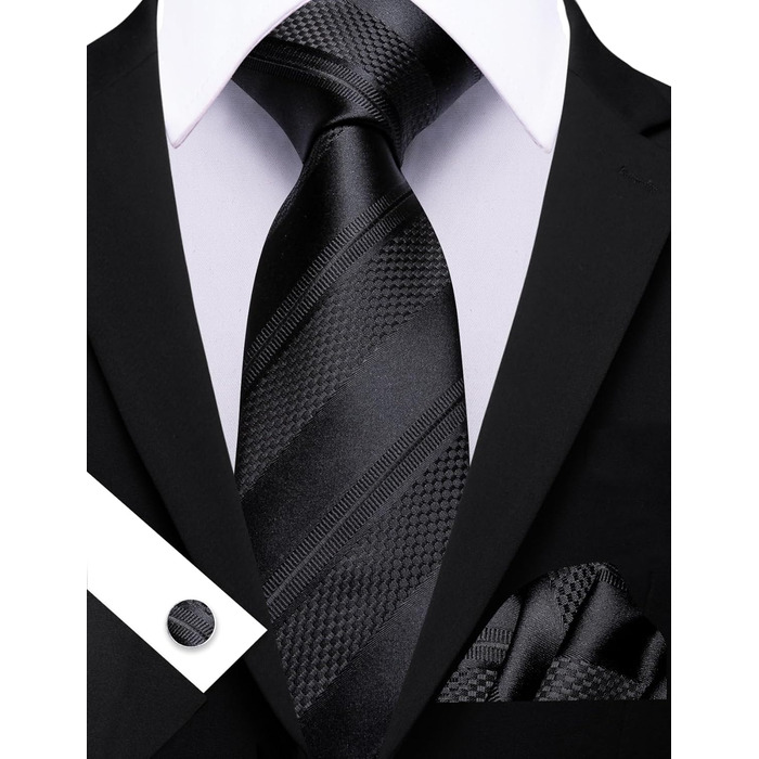 Чоловічий шовковий краватка-набір Barry.Wang з кишеньковою хустинкою та затискачем для запонок, в клітку, для урочистих подій та весілля, чорно-сріблястий