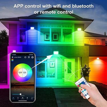 LED Floodlights Outdoor, 100W Smart RGB Floodlights with Remote Control and Bluetooth App, LED Floodlight Spotlights Color Changing Projector, IP66 Waterproof Floodlight for Gardens, Courtyards (2 Pack) (100w-rgb-app-4p)