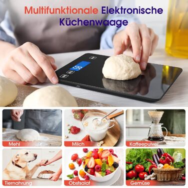 Кухонні ваги цифрові 15 кг, перезаряджувані, з LCD-дисплеєм та функцією тарування, водонепроникні, преміум-якість, чорний колір