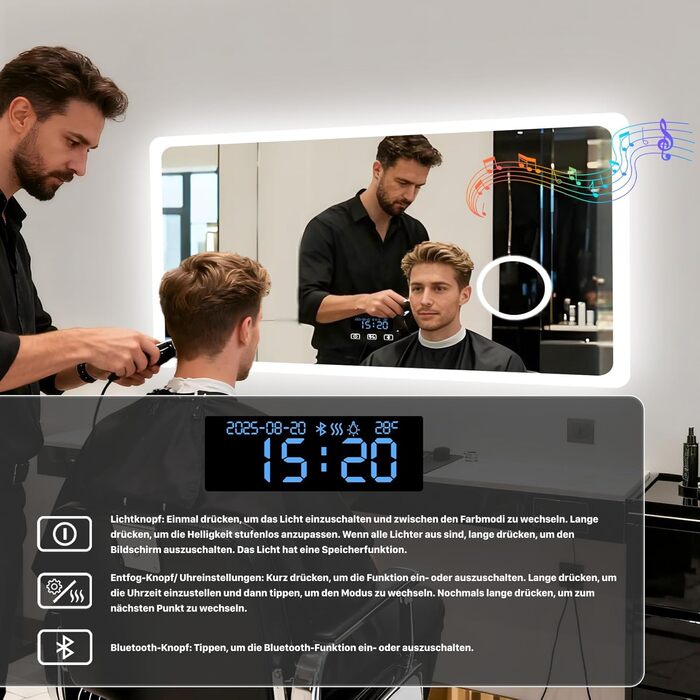 Дзеркало для ванної кімнати LUVODI з підсвічуванням 100x70 см: годинник, температура, дата, проти запотівання, регулювання яскравості, 3 кольори світла, функція пам'яті, LED, водонепроникність, збільшення 3x, Bluetooth