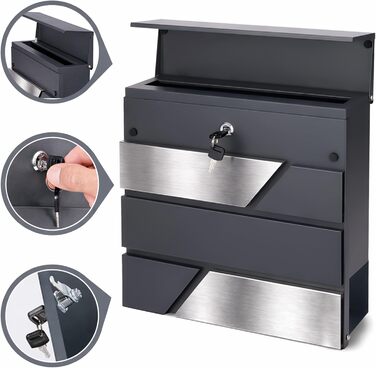 Поштова скринька Verda з газетницею, антрацит RAL 7016, срібло, 37x37x11 см, 2 ключі, комплект для монтажу. Дизайнерська настінна поштова скринька