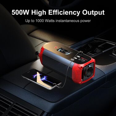 Автомобільний інвертор BELTTT 500W 12В-230В, 1000Вт пік, з LCD-дисплеєм, 4 USB, розетка EU для авто, кемпінгу, човна