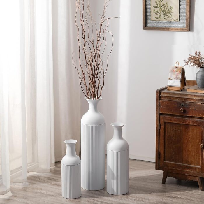 Large White Metal Floor Vase - Modern Textured Design, 68/51/41cm - Perfect for Pampas Grass, Living Room, Bedroom, Fireplace & Entryway