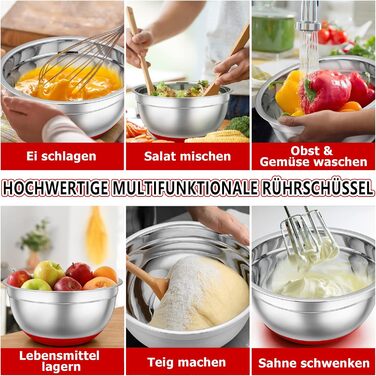 TEAMFAR Mixing Bowl Set, 7-Piece Stainless Steel Bowl Salad Bowl Set with Airtight Lids and Silicone Bottom, Nesting & Dishwasher Safe, 0.7L / 1.2L / 1.5L / 2.5L / 2.8L / 3.5L / 6.5L, red