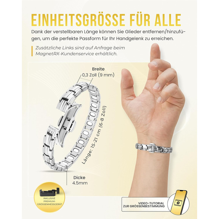 Браслет на руку MagnetRX® Ultrastarkes Titan Magnetarmband для жінок – титановий браслет з магнітами, регульована довжина, інструмент для визначення розміру, сріблястий (5x Strength)