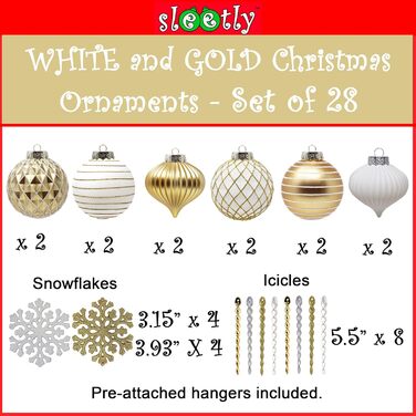 Набір новорічних прикрас SLEETLY 28 шт. Біле золото: кулі, льодинки, сніжинки для ялинки