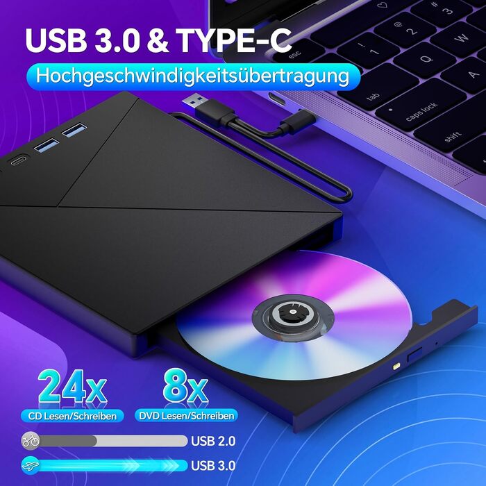 Зовнішній CD/DVD привід та записувач USB-C & USB-A з картридером TF/SD для ноутбука, Windows, Mac OS, Linux