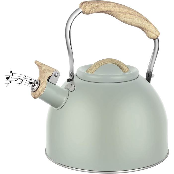 Чайник-заварник Flintronic з нержавіючої сталі, 3л, з дерев'яною ручкою, для всіх плит, чайник-заварник для чаю та кави (зелений)