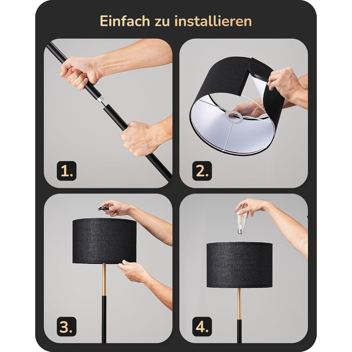 Стійка лампа EDISHINE для вітальні, 160 см, арка, з вимикачем на ніжці, включає LED-лампу E27 (6W, 2700K), абажур з чорного льону, сучасна лампа для спальні