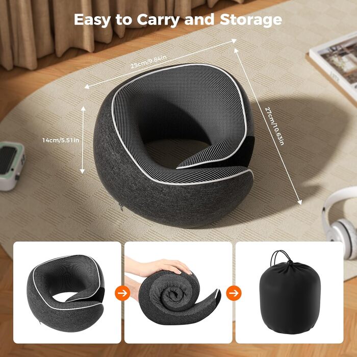 Подушка для шиї у подорожах: Memory Foam, регульована, з навушниками та маскою для сну (темно-сірий)