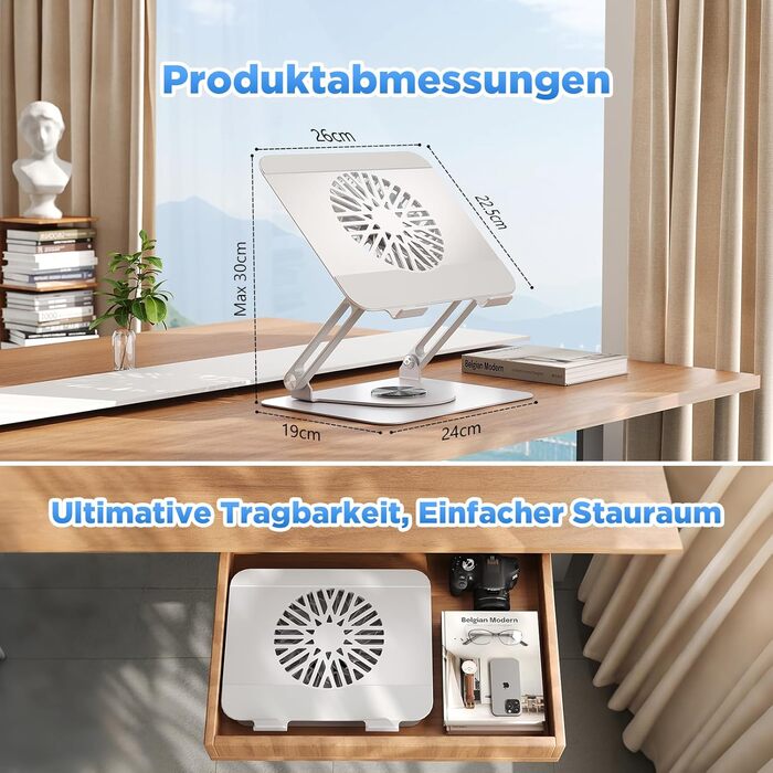 Підставка для ноутбука ICARE з магнітним кулером, 360° обертання, до 10 кг, тиха (18dB), для ноутбуків та планшетів до 16 дюймів, срібна