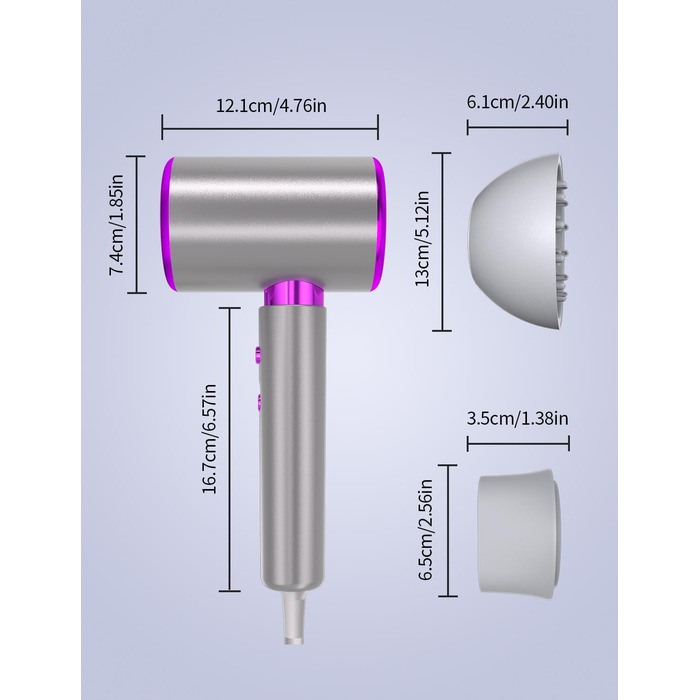 Іонний фен 2400W з холодним/гарячим режимом, 3 температури та 2 швидкості, дифузор та концентр, терморегуляція для дому, подорожей та салону краси