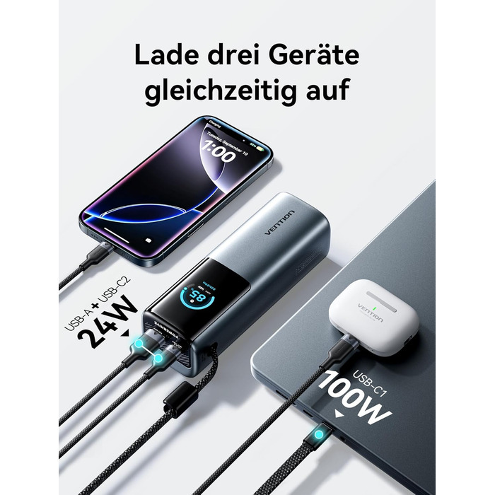 Power Bank VENTION 20000mAh 165W з дисплеєм та Emoji, інтегрований кабель USB-C, 2×100W USB-C + USB-A. Сумісний з MacBook Pro, iPad, Dell/HP, iPhone, Galaxy