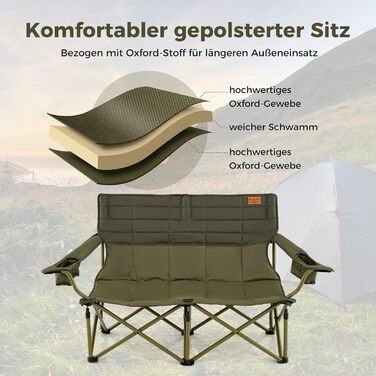 Крісло для кемпінгу на 2 особи Costway, розкладне, з регульованими підлокітниками, тримачами для напоїв та сумкою, вантажопідйомність 272 кг, для відпочинку, риболовлі, пікніків (зелене)