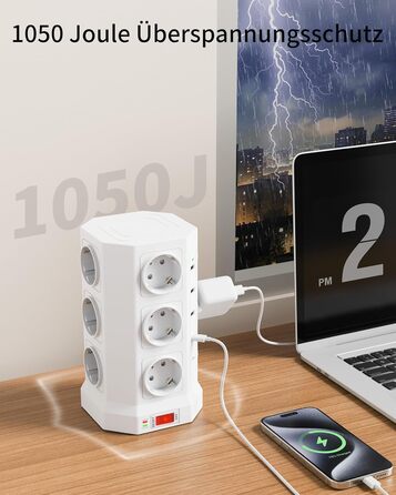 Блок розеток із захистом від перенапруги (3680W/16A), 12 розеток з 5 USB, мережевий фільтр з вимикачем, 1,5м кабель, захист 1050J, для дому/офісу, білий
