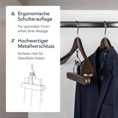 Дерев'яні плічка SUITS VIENNA для костюмів і штанів, 4 шт, масив дерева, широка рифлена підкладка, нековзкі, для піджака та брюк, чоловічі, 45 см
