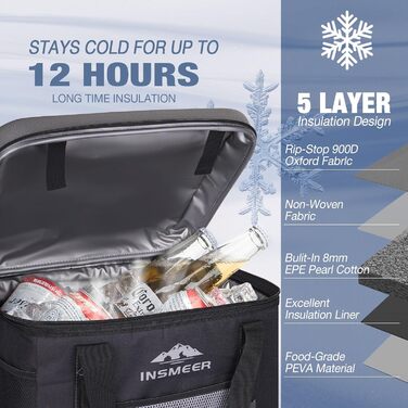 Термосумка INSMEER 40L сіра для кемпінгу, пікніка, пляжу - 60 банок