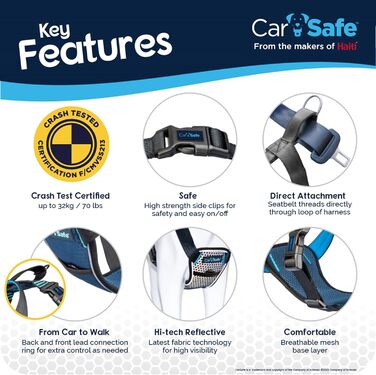 CarSafe: Безпечний автомобільний шлейка для собак, витримав краш-тест (до 32 кг), комфортний, для великих собак (розмір L), блакитний