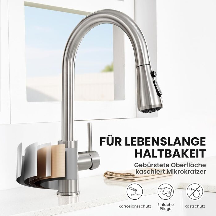 Кран кухонний CECIPA з 3 режимами, висувна лійка, поворотний на 360°, з високим виливом, нержавіюча сталь, з однією ручкою