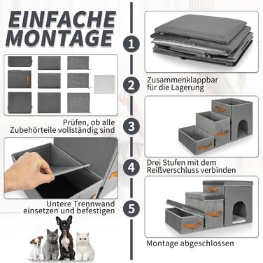 Сходинка для собак та котів Haustiertreppe, складана з місцем для відпочинку, сіра (3 сходинки, сіре гніздо)