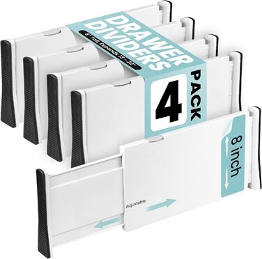 RAPTUROUS Adjustable Drawer Dividers, 8 inches high, expandable 13-22 inches, 6 pieces, non-slip, for deep drawers in kitchen, bedroom, and closet (white) (pack of 4, White)