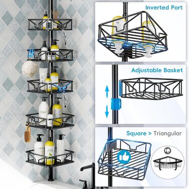 Телескопічна поличка для душу Bomclap з 5 кошиками, кутова, металева, чорна. Регульована висота 106-287 см, без свердління.